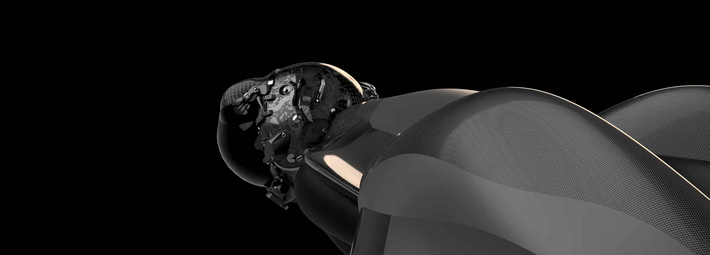 Close-up of the rider's helmet and the carbon shell around their shoulders